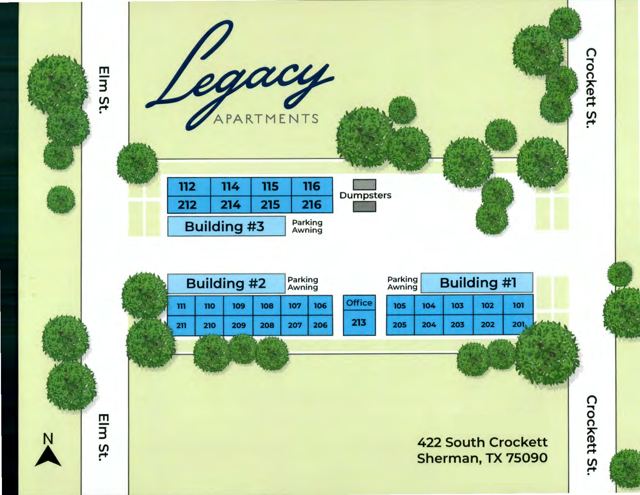 Community site map: Buildings 1, 2 and 3, leasing office and covered parking awnings off Crockett St and Elm St